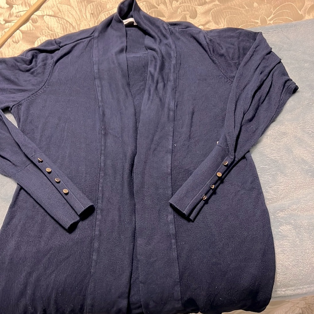 Open front navy cardigan with gold button sleeve details